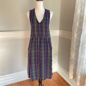 Mizz Lizz Plaid V-Neck Dress Romper Button Side Vintage Size Small Navy Green